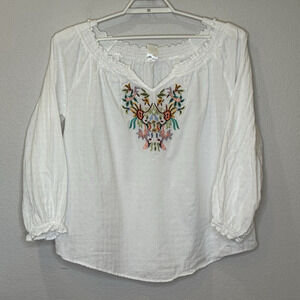 Cracker Barrel Peasant Top Womens Size Large White w/ Floral Embroidery V-Neck